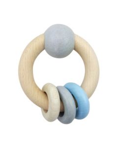 Rattle Round With Ball and 3 Rings Natural Blue